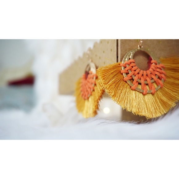 NEW! Mustard Tassel Triple Hoop Earrings - Picture 3 of 8